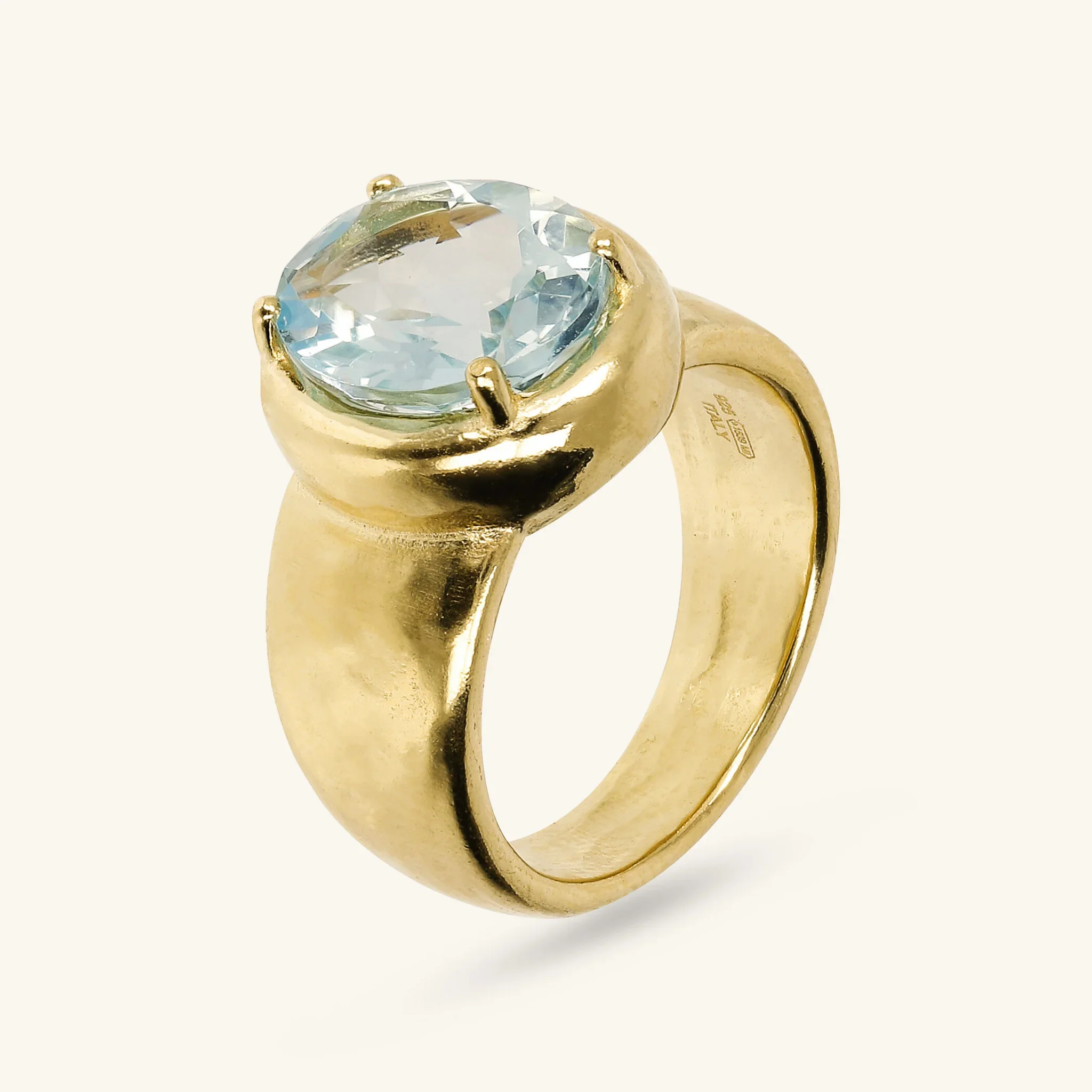 Anello Cocktail Martellato in Argento 925 placcato Oro Giallo 18Kt con Pietra Naturale Ovale - Image 5